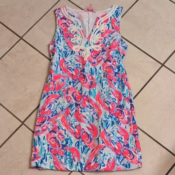Lilly Pulitzer Harper Shift Dress In Cosmic Coral Cracked Up Lobster Roll XS - Picture 2 of 10